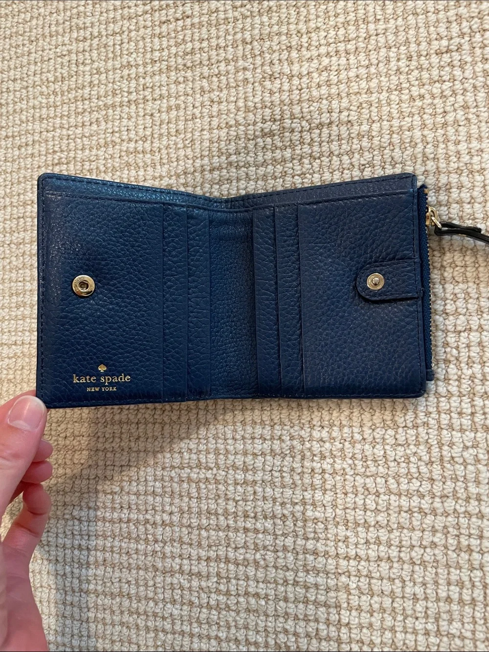 kate spade Pebbled Zip Around Wallet in Deep Blue with Gold Logo